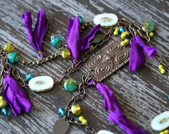 Unlisted - Chain Necklace - Purple Necklace - Long Necklace - Teal and Purple - Eclectic Necklace - Boho Necklace - Bead Soup Jewelry