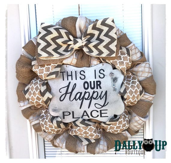 Wreath Decor Our Happy Place Burlap Wreath Gray Chevron