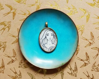 Necklace with pendant | miniature drawing girl
