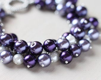 Purple Wedding Bridesmaid Jewelry Pearl Cluster Bracelet - Plum