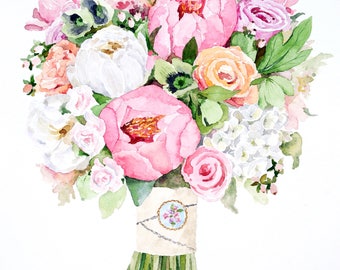 ORIGINAL Custom Bridal Bouquet Painting in Watercolor. Wedding flowers portrait. Anniversary gift. Gift for her. Botanical print