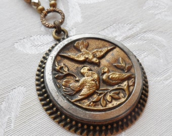 Quail, Antique Button Necklace with Freshwater Pearls, Timeless Trinkets
