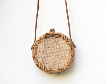 Round Rattan Crossbody Bag Personalized Leather Hand-bag Crossbody Customised Personalised Circle Travel Holiday Luxury Ata White Lining