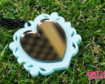 Mint and Bronze Mirror Ornate Heart Necklace, Steampunk Heart Necklace , Laser Cut Acrylic, Laser Cut Necklace, Laser Cut Jewellery