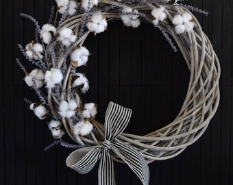 Farmhouse Cotton and Lavender Wreath - 24 inch diameter