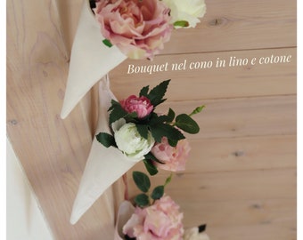 Bouquet, composition of the flower in the cone in linen and cotton