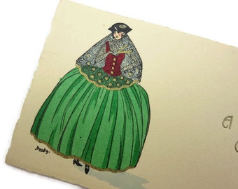 1920s French Fashion Christmas Card - Hand Tinted, Gold Accents, Artist Douky, Mini Card