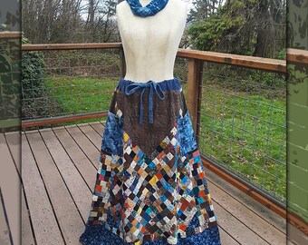 Handmade Hippie Calico Corduroy ~Postage Stamp~ Patchwork Skirt ~Size Small/Medium~