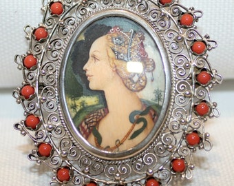 Antique Continental Silver Miniature Hand-painted Portrait Brooch