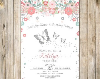 FLORAL BUTTERFLY BIRTHDAY Invitation, Blush Pink Teal Silver Butterflies Invite, Girl 6th Birthday, Rustic Enchanted Butterfly Garden Party