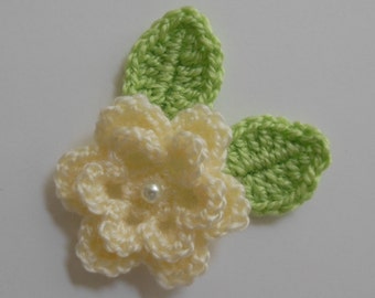 Crocheted Flower with Leaves - Cream and Green - Acrylic Flower - Crocheted Flower Applique - Crocheted Flower Embellishment