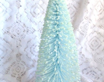 Baby Blue, Light Blue, 10" Inches Tall, Crystal Silver Glitter Bottle Brush Tree, Flocked Christmas Tree, Shabby Chic, Village Pastel