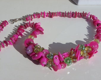 fuschia pink Crystal and shell necklace