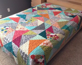 Queen Sized Quilt, Queen Quilt, Modern Quilt, Bed Blanket, White, Black, Teal, Lime Green, Queen Bedding