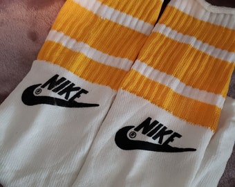Vintage Deadstock 80's 19" Nylon Acrylic Nike Swoosh Themed Striped Over the Calf Skater Socks Trendy Summer Wear