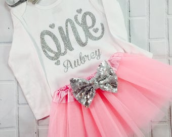 Personalized 1st birthday outfit Silver One Birthday dress outfit 1st birthday Baby girl first birthday outfit shirt ANY NAME