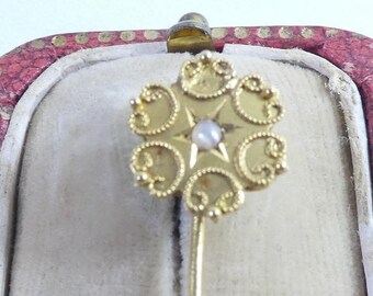 Antique 18ct Gold Stick Tie Gravat Lapel Pin Pearl Floral French Eagles head