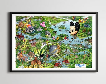 Vintage 1990 DISNEY WORLD Resort Map Poster! (24 x 36 or Smaller) - Magic Kingdom - Epcot - Cartoons - DuckTales - Figment - Little Mermaid
