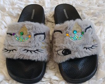 Unicorn slippers for Women, slippers for women, unicorn, house shoes, fur slides, grey slippers, gray sandals, sandals, women house shoes
