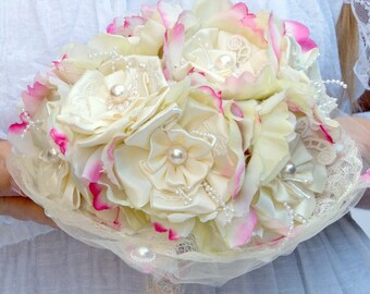 Ivory bridal bouquet satin bouquet Silk flower bouquet wedding bouquet brooch bridal bouquet pink bridal bouquet alternative fabric bouquet