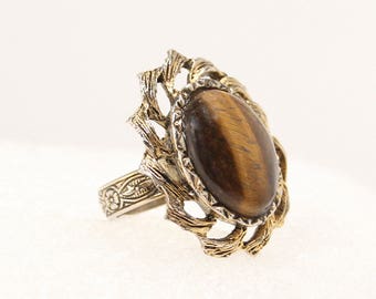 Vintage Tigers Eye Statement Ring Vintage Oval Antiqued Gold Chunky Costume Jewelry Ring