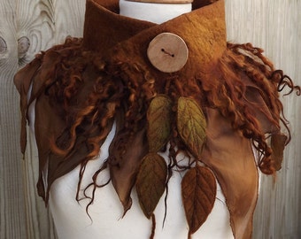 Custom Made For You-Forest cowl-brown scarf-Woodland Felted Cowl -Felt forest Cowl - scarf -woodland scarf- bohoscarf-unique scarf