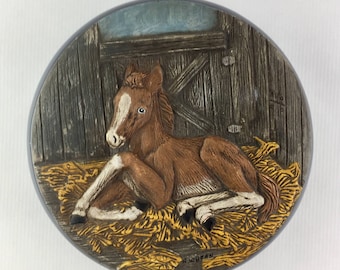 Vintage 1980's Decorative Ceramic Bowl with Lid, Foal, Horse
