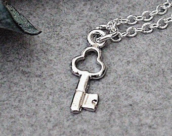 Silver Key Necklace, Skeleton Key Pendant, Silver Key Charm Necklace, Dainty Key Necklace, Silver Minimalist Necklace, Key Necklace