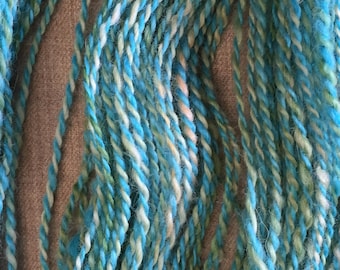 Hand-Spun 100% Wool Yarn "Mermaid Blue" Hand-Washed, Carded, Spun and Painted, 2 ply, Knit, Crochet, Weave, DK 90 yds, Gorgeous, Wound FREE!