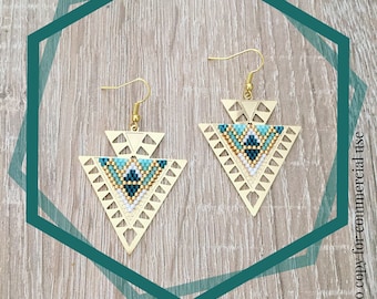 Pair of earrings, Golden, triangles prints beadwork miyuki