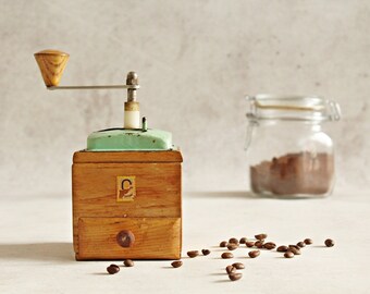 Vintage coffee grinder, manual grinder, made in Poland, wooden coffee grinder