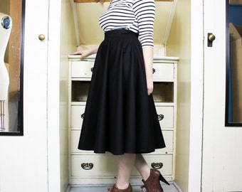 Black Midi Circle Skirt - Full, Long, Rockabilly, Retro, High Waist, Waisted, Skater, Pinup