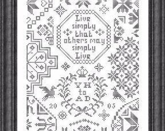Simple Little Quaker cross stitch pattern by Papillon Creations monochromatic Live Simply That Others May Simply Live friend