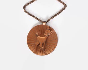 Vintage 70s BAMBI NECKLACE / 1970s Copper Deer Medallion Chain Necklace