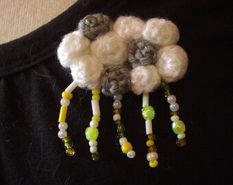 crocheted in white/gray and rainy cloud brooch