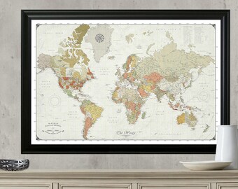 Push Pin Travel Map. Updated for 2017. Modern World Map with Push Pins. Framed, Mounted and Ready to Hang. 24x36 Map.