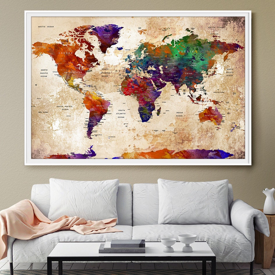 Watercolor Map World Push Pin Travel Wall Texture Extra
