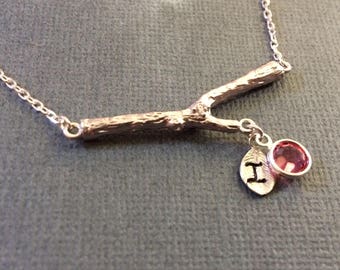 Silver Branch with Initial Necklace for Mom, Grandma, Best Friend, Sisters, Bridesmaid, Children, Birthstone Charm Necklace