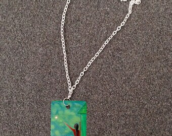 Retablo Folk Art Necklace - Proceeds Benefit Animal Rescue, Moon & Stars, Reach For The Stars, Green Blue Lake at Night, Metal Dog Tag