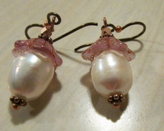 Pearl, Pink Glass and Copper Color Beads and Wires Earrings