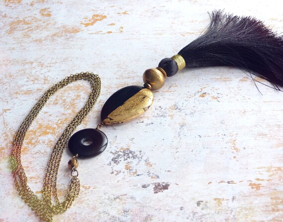 Black necklace,Art jewelry,Boho chic necklace,Silk tassel necklace,Hand painted necklace,Black jewelry,Unique necklace
