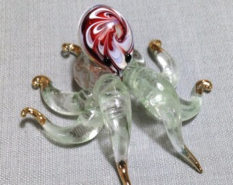 Hand Blown Glass Funny Octopus Sea Animal Cute Green Red Gold Figurine Statue Decoration Collectible Small Craft Hand Painted Decor Deco