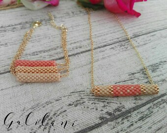 Delicate jewelry set, Minimalis design jewelry, Beaded necklace end bracelet