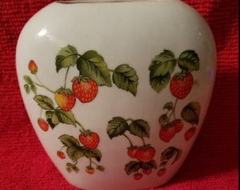 Vintage 1970s Strawberries Flat Ceramic Vase