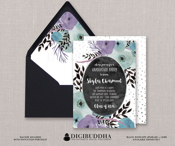 purple teal watercolor graduation invitation boho floral