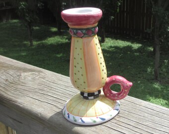 Colorful Hand Painted Candlestick with handle, Candle Holder,