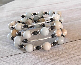 Amazonite Memory Wire Bracelet, Blue Wrap Bracelet, Gemstone Cuff Bracelet, Blue Stacked Bracelet, Stone Coil Bracelet, Boho Bracelet
