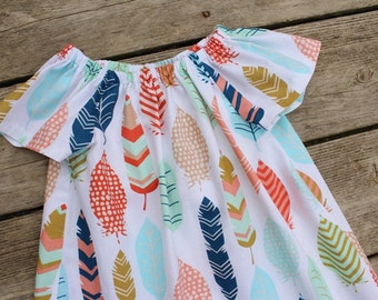 Girl's Toddlers Tribal Feathers Print Flutter Sleeve Peasant Dress