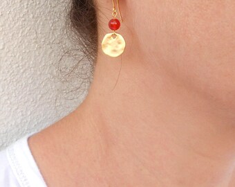 Orange carnelian earrings, Gold coin earrings