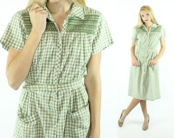 Vintage 50s Day Dress Green White Gingham Checked Short Sleeve Pockets 1950s Medium M Large L Pinup Rockabilly Step-n-Go